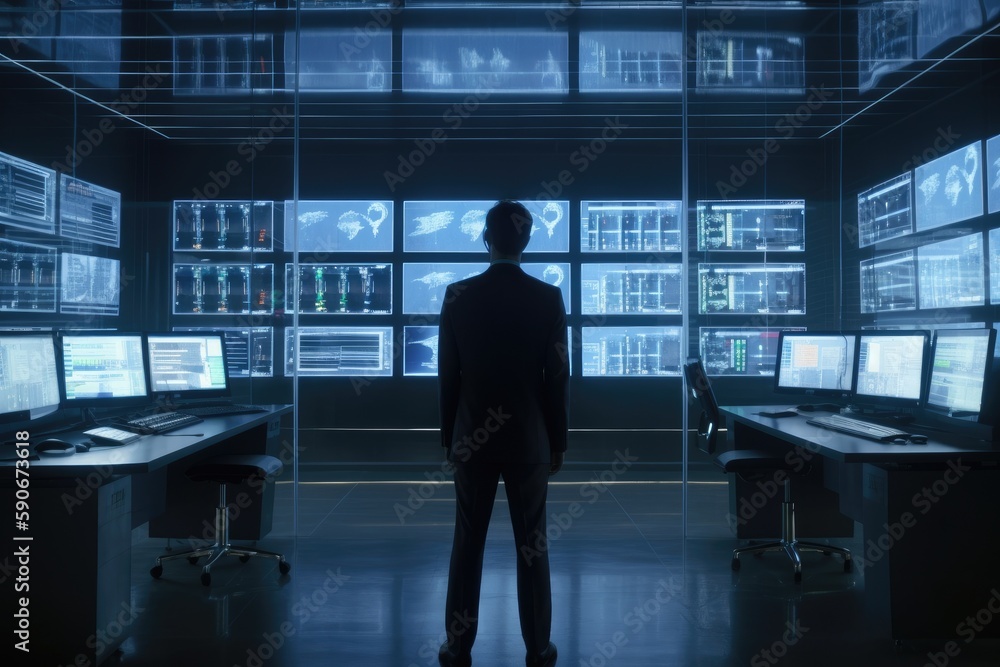 Poster businessman in suit standing in front of monitors in office for computer aided engineering made with