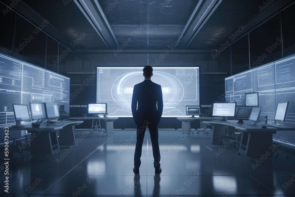 Poster businessman in suit standing in front of monitors in office for computer aided engineering made with