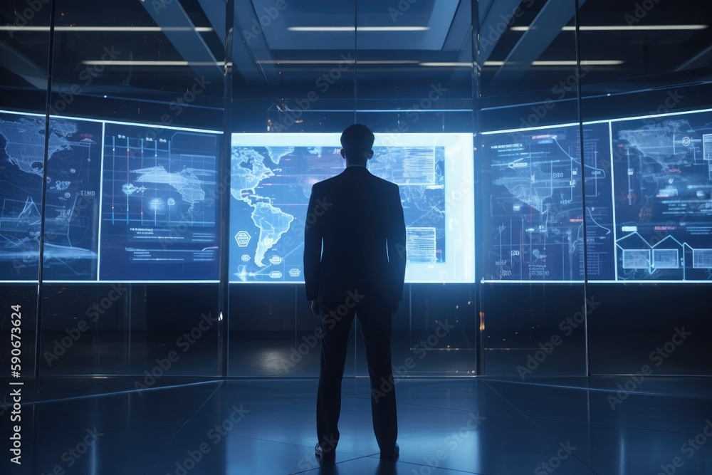 Poster businessman in suit standing in front of monitors in office for computer aided engineering made with