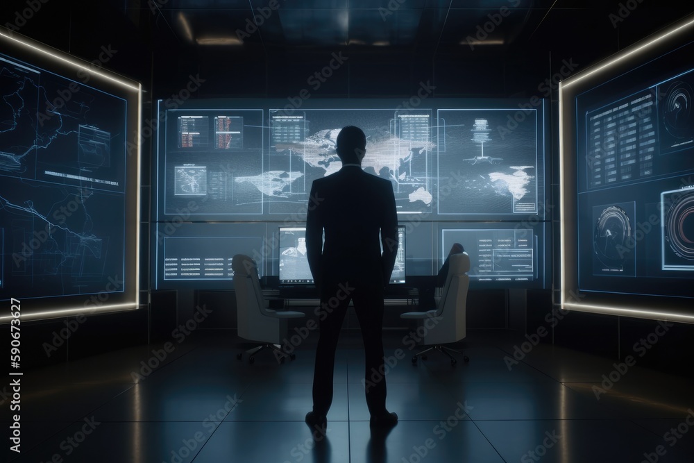 Poster businessman in suit standing in front of monitors in office for computer aided engineering made with