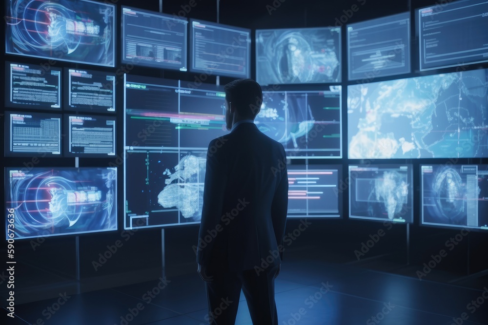 Poster businessman in suit standing in front of monitors in office for computer aided engineering made with