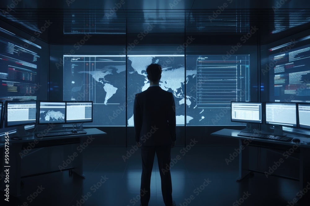 Poster businessman in suit standing in front of monitors in office for computer aided engineering made with