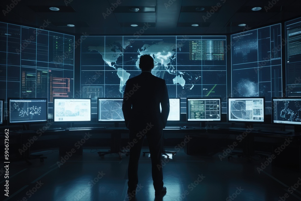 Poster businessman in suit standing in front of monitors in office for computer aided engineering made with