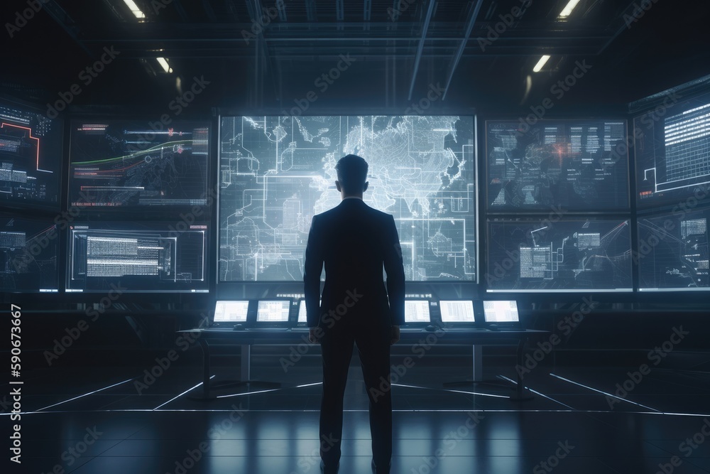 Poster businessman in suit standing in front of monitors in office for computer aided engineering made with