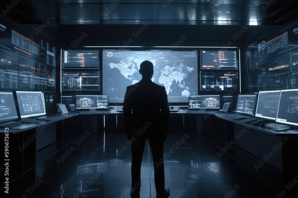 Poster businessman in suit standing in front of monitors in office for computer aided engineering made with
