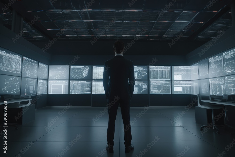 Poster businessman in suit standing in front of monitors in office for computer aided engineering made with