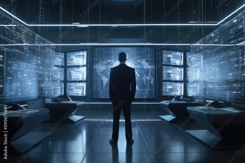 Poster businessman in suit standing in front of monitors in office for computer aided engineering made with
