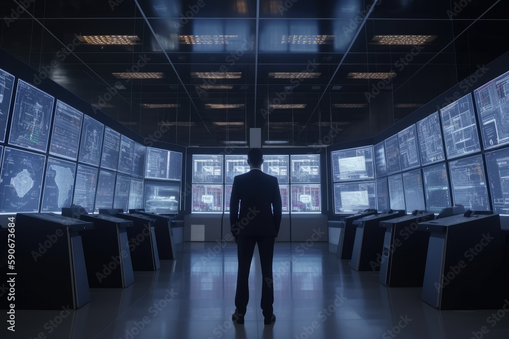 Poster businessman in suit standing in front of monitors in office for computer aided engineering made with