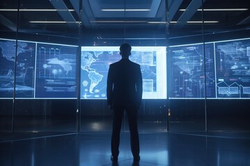 Businessman in Suit Standing In Front of Monitors in Office for Computer Aided Engineering Made with Generative AI
