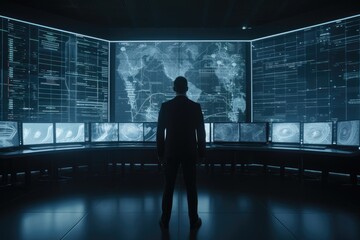Fototapeta premium Businessman in Suit Standing In Front of Monitors in Office for Computer Aided Engineering Made with Generative AI