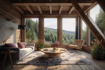 Spring Cabin Interior with Exposed Wood Ceiling and Natural Furniture Made with Generative AI