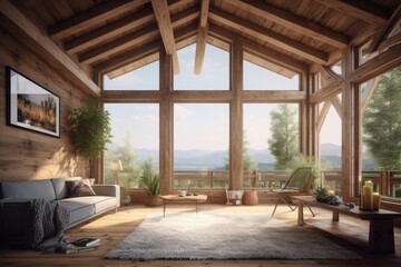 Exposed Wood Cabin in Luxury Destination Family Room with Vaulted Ceiling and Mountain Valley ViewsMade with Generative AI