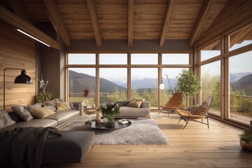 Summer Family Room Interior in Cabin with Scenic Mountain Views Made with Generative AI