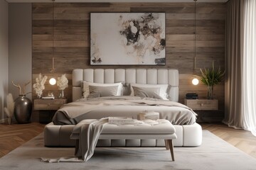 Interior of Farmhouse Modern Bedroom Interior with Organic Wood Accent Wall and White Bedding Furniture Made with Generative AI