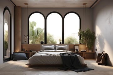 Interior of Summer Modern Bedroom Apartment with Black Arch Windows Trio Made with Generative AI