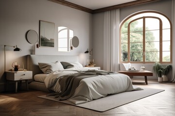 Natural Light Spanish Modern Bedroom Interior with Grey and White Bedding and Wood Frame Arch Window and Hardwood Floors Made with Generative AI