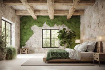 Natural Modern Stone Bedroom Interior with Exposed Wood Beam Ceiling and Moss Covered Accent Wall Made with Generative AI