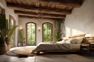 Luxury Farmhouse Modern Bedroom Interior with Wood Beam Exposed Ceiling and Arched Rustic Windows Made with Generative AI