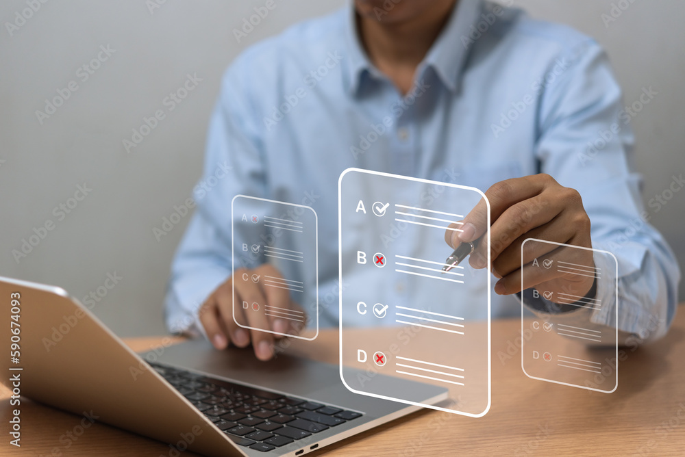 Poster man chooses questionnaire with checkbox, survey form online, answer questions in the exam of test bu