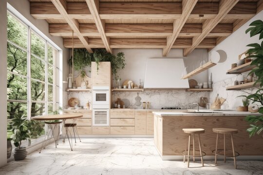 Luxury Jungle Modern Kitchen Wood Interior with Indoor Plants and Home Styling and Skylights Made with Generative AI