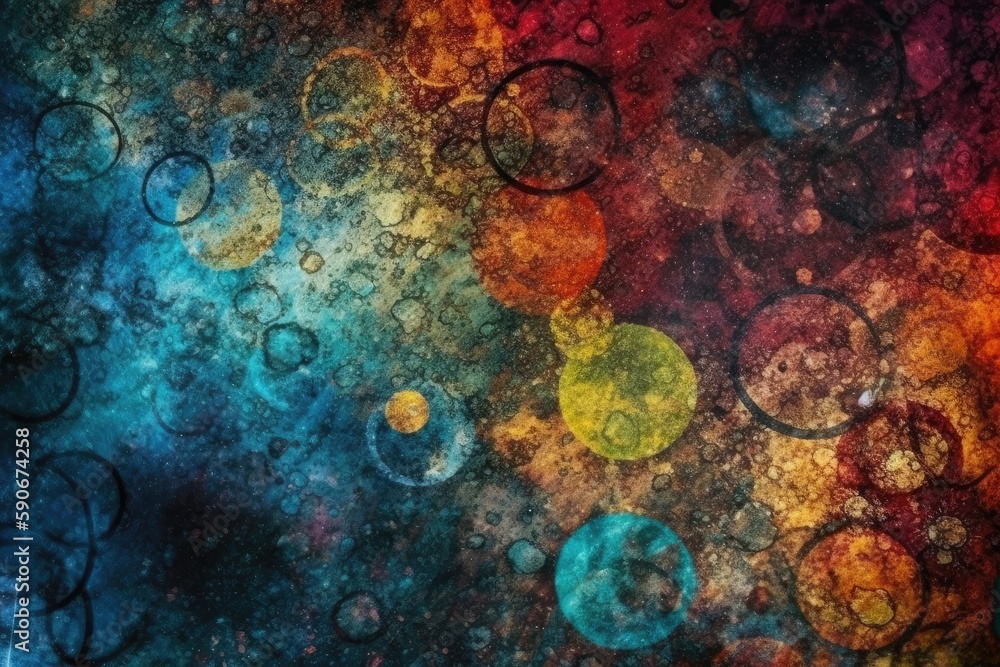 Poster an abstract painting with colorful circles in various sizes. Generative AI
