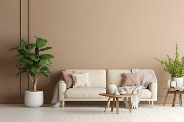 Interior design of stylish living room with beige color sofa. Generative AI