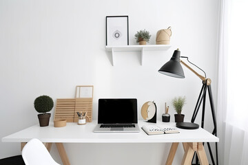 Modern workspace with blank laptop and office supplies on white wall, generative AI