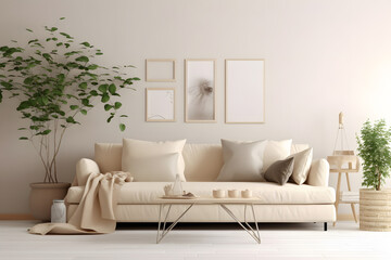 Interior design of stylish living room with beige color sofa. Generative AI