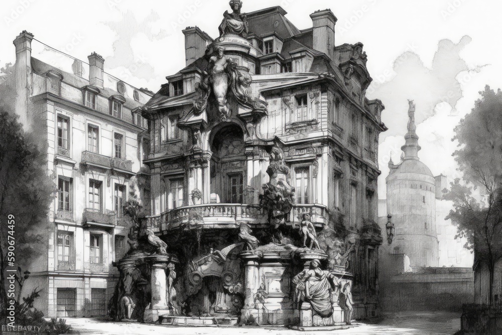 Poster monochromatic sketch of an urban structure. generative ai