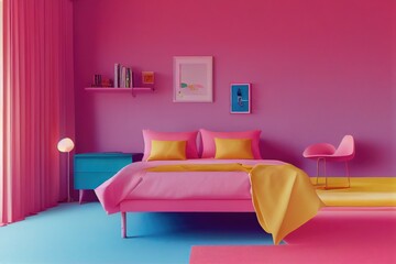 Playful Chic Modern Eclectic Bedroom Interior with Pink Accents Made with Generative AI