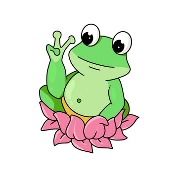 a cartoon illustration of a frog on a lotus flower with a white background, suitable for screen printing t-shirts, mugs and so on