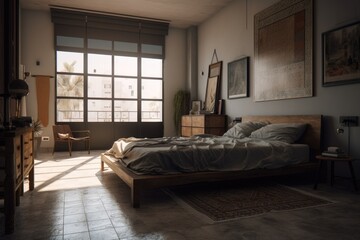 Moody Natural Light Bedroom Interior with Styled Wall Paintings Made with Generative AI