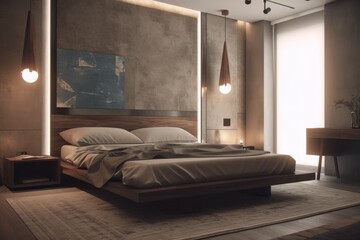 Dreamy Industrial Modern Primary Bedroom Interior with Luxury Light Fixtures and Clean Bed Made with Generative AI