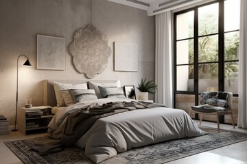 Modern Spring Styled Bedroom Interior with Wall Medallion and Nature Views Made with Generative AI