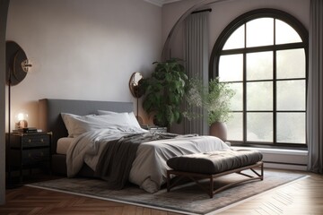 Modern Bedroom Interior with Arch Window and Blank Wall Made with Generative AI