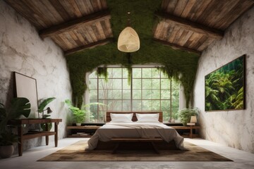 Natural Plant Styling Interior of Modern Bedroom with TV and Sustainable Console Table Made with Generative AI
