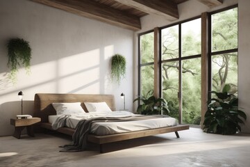 Interior of Bedroom Mockup Visualization with Jungle Views and Hanging Plant Sconces Made with Generative AI