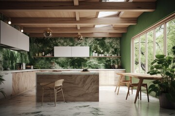 Natural Light in Beautiful Wood Kitchen Interior with Jungle Accent Views Made with Generative AI
