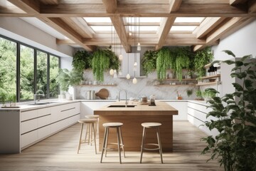 Fototapeta premium Sustainable Luxury Kitchen Interior with Wood Ceiling and Skylight Open Concept Made with Generative AI