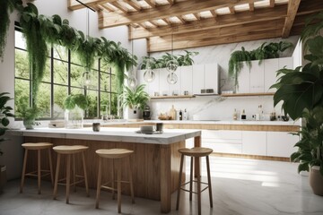 Sustainable Luxury Kitchen Interior with Wood Ceiling and Hanging Moss Views Open Concept Made with Generative AI