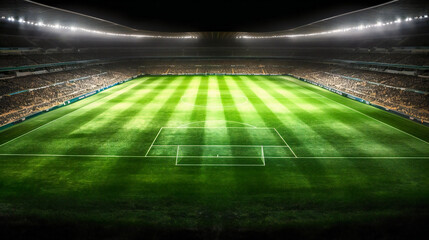 Fototapeta na wymiar An empty grass stadium illuminated by bright spotlights, captured from a high vantage point at night
