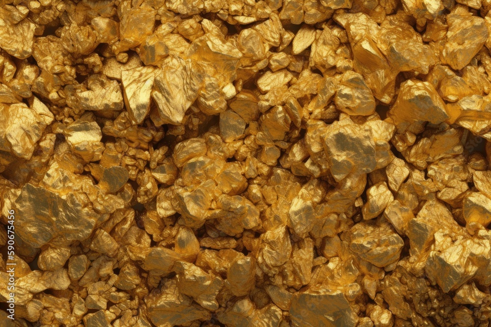 Poster stack of shiny gold nuggets on a table. generative ai