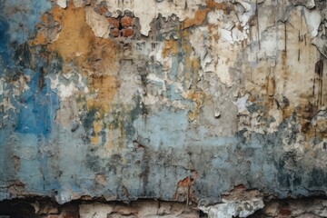 weathered and worn brick wall with chipped paint and rust stains. Generative AI