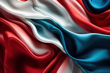 Silk, satin material in red, white and blue 4th of July concept background. Generative AI.