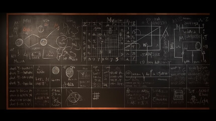 blackboard background and Maths formulas written by white chalk ,Generative AI 