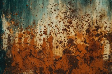 weathered metal surface with orange and blue paint chips. Generative AI