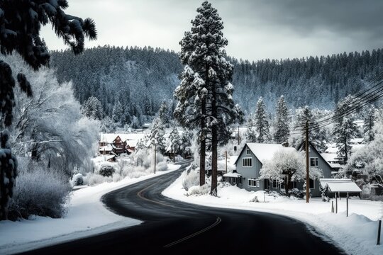 Snow covers a road that is surrounded by houses and trees. Generative AI