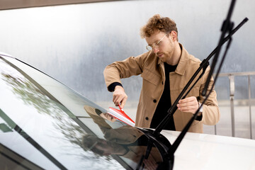 Man removing remaining water from windshield with window scraper. Concept of self-service