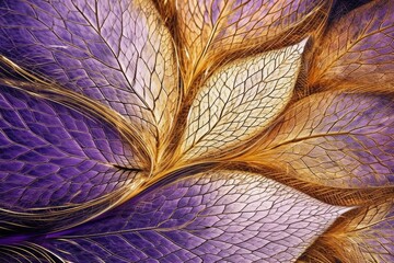 detailed close-up of a metallic purple and gold leaf. Generative AI