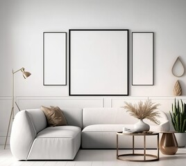 mock up poster frame in modern interior background, living room, Scandinavian style, 3D render, 3D illustration